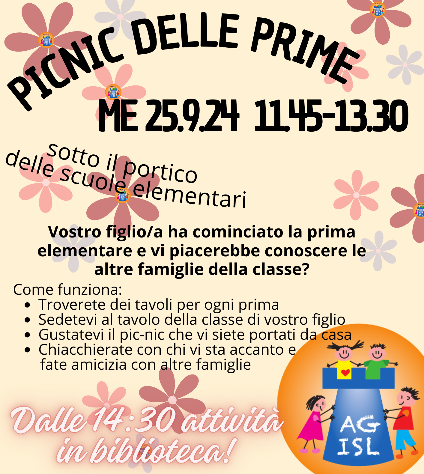 picnic per famiglie con bambini in prima a partire dalle 11:45 sotto il portico a scuola